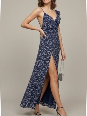 Reformation Trista Dress Size Medium Fits Large Navy Blue Formal Microfloral